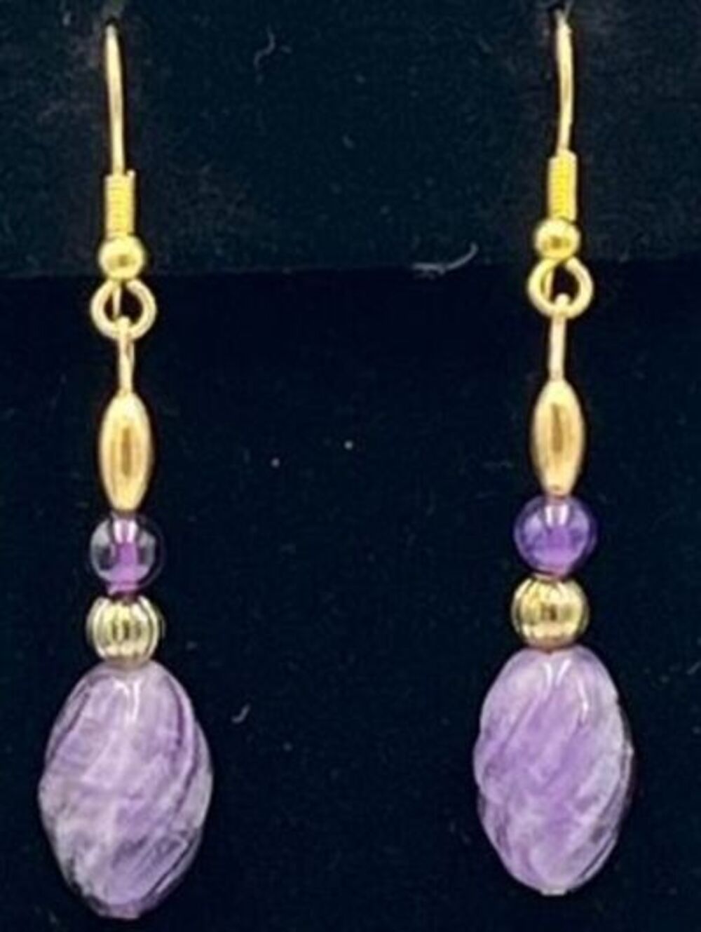 Vintage Genuine Carved Amethyst Goldtone Dangle Earrings